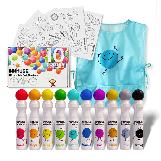 INNMUSE 10-color dot markers for toddlers in action, mess-free coloring.