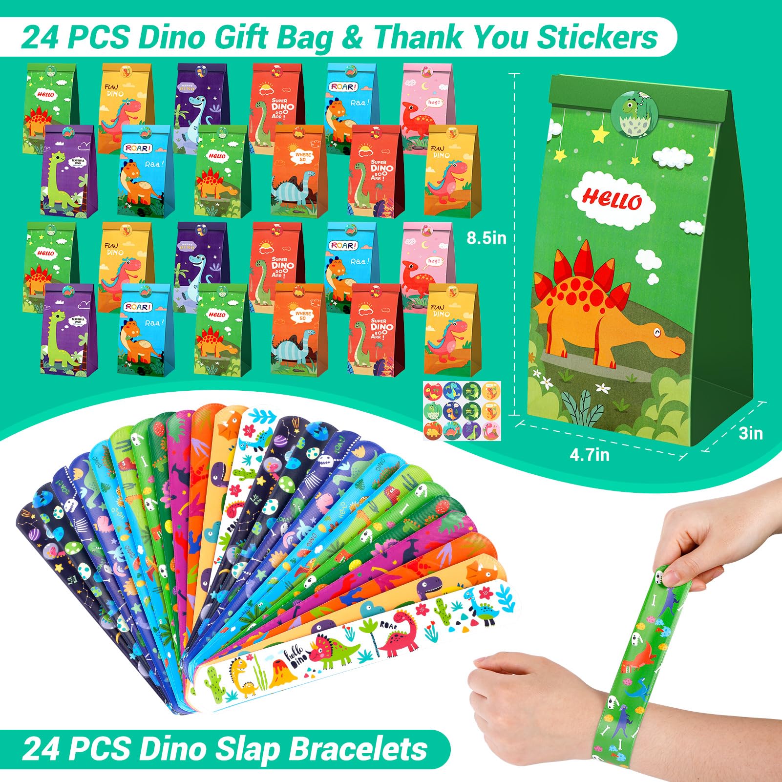 INNOCHEER dinosaur slap bracelets adding classic party flair.