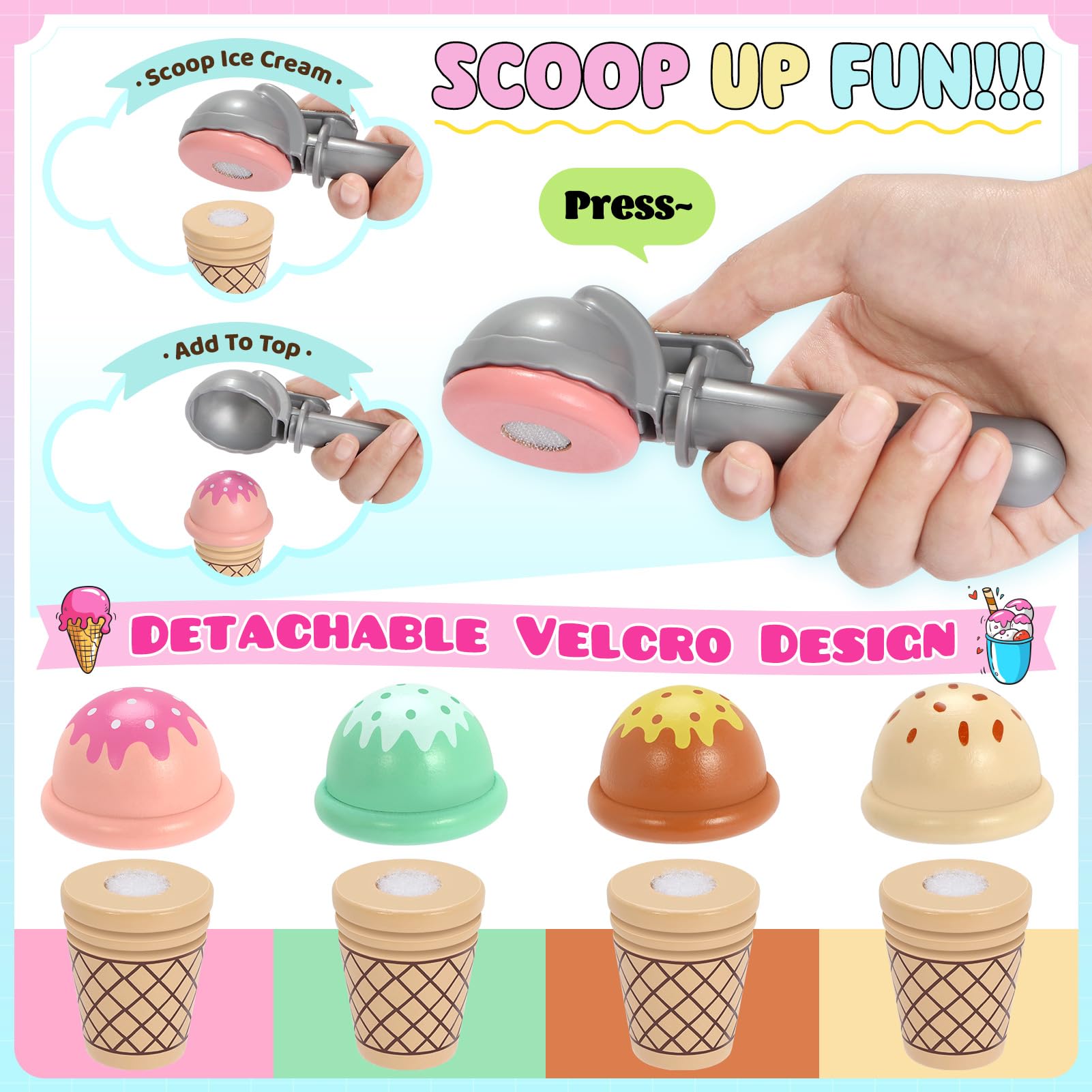 INNOCHEER ice cream cones inviting pretend orders and fine motor play.
