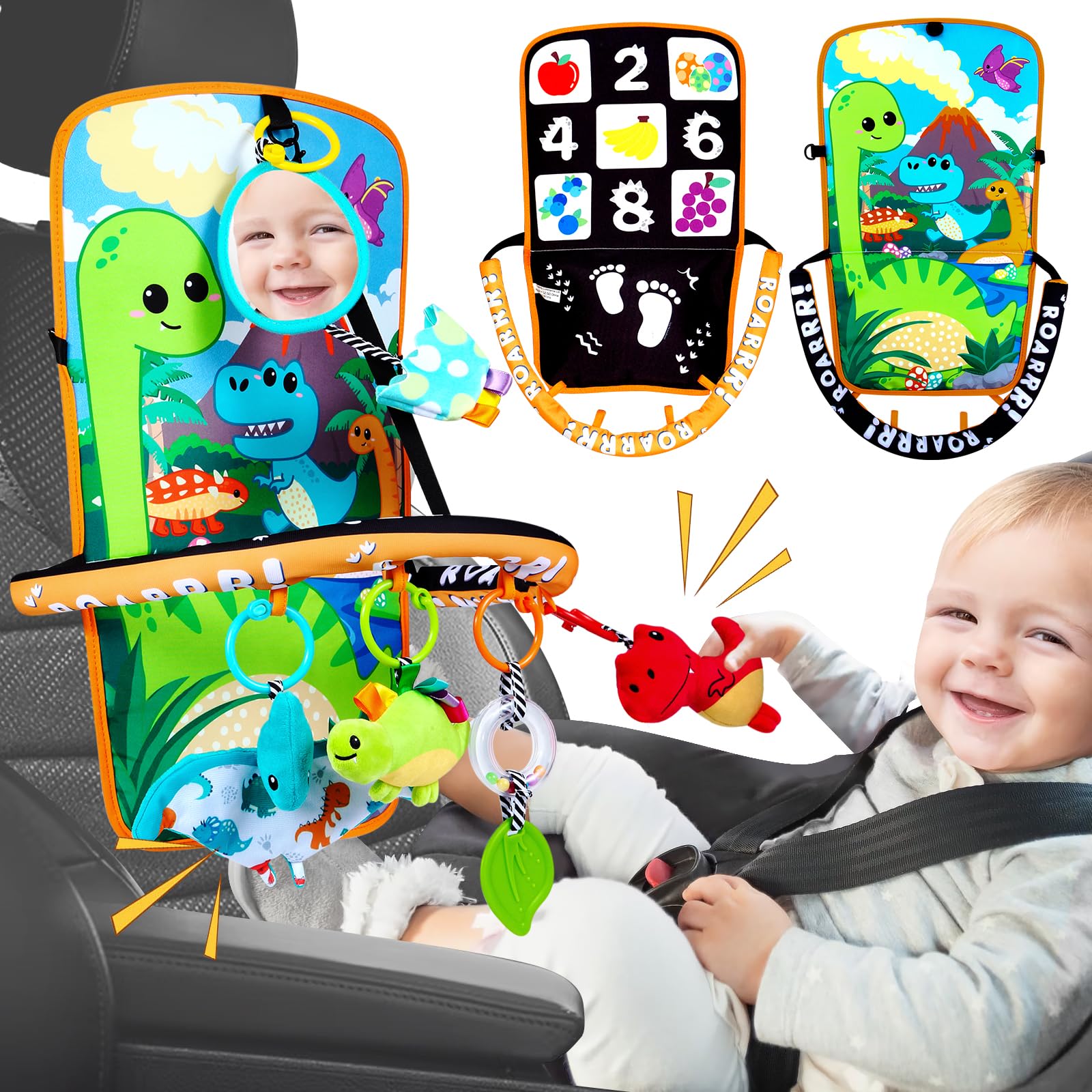 Innofans baby car seat dinosaurs toys clip under headrest for engaging journey play.
