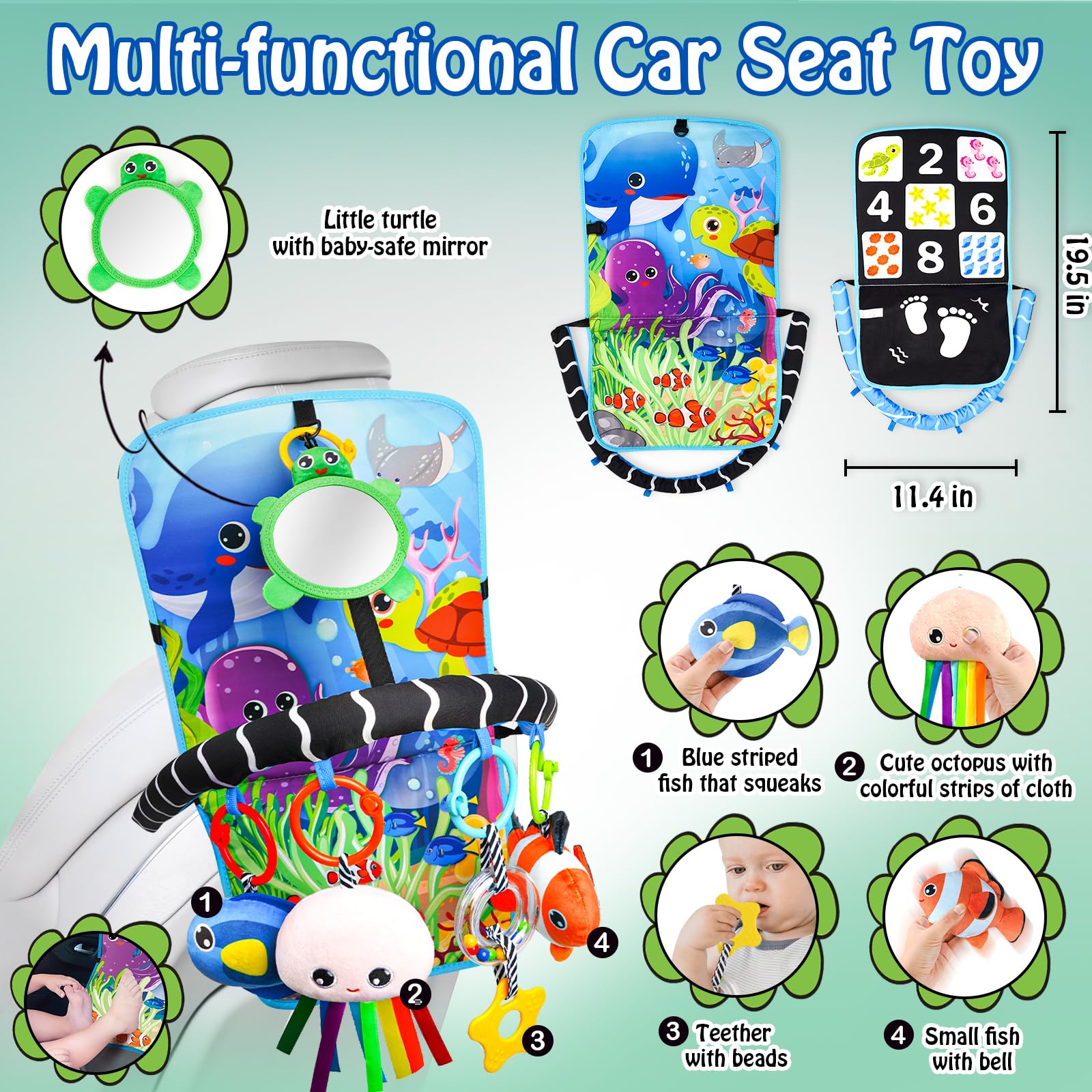 Innofans car-seat mount under head restraint for secure adjustable setup.
