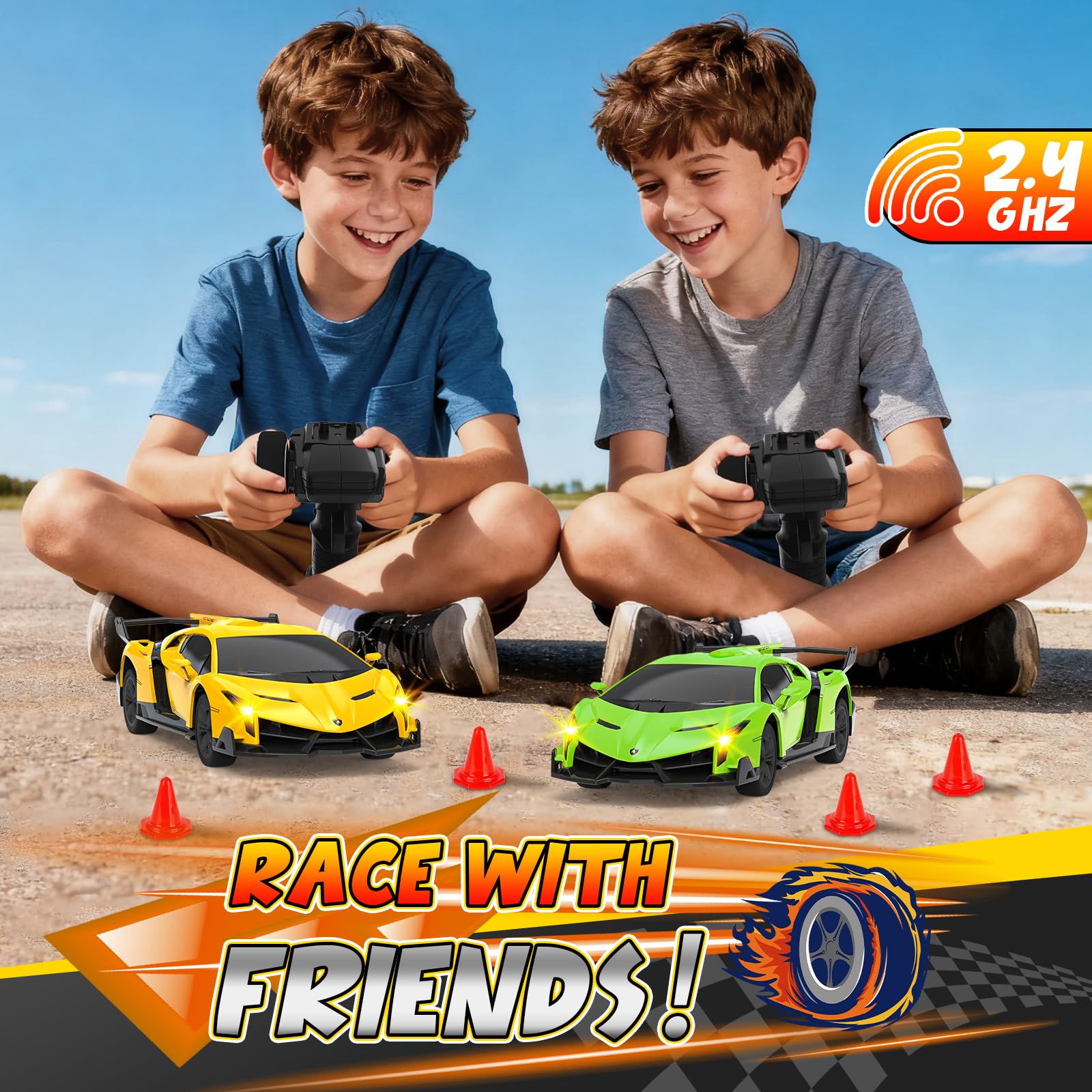 Innofans Lamborghini RC car headlights demonstrate added visibility during night play.
