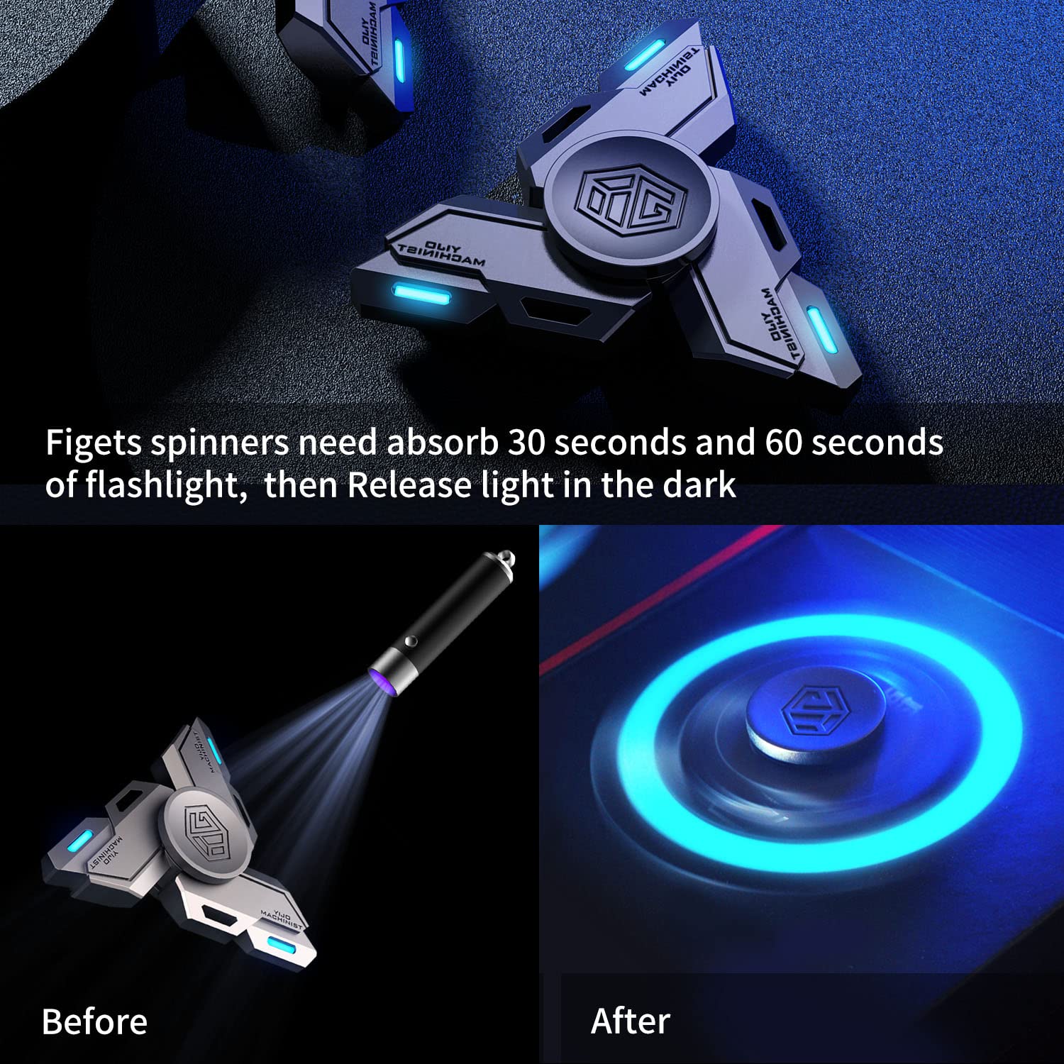INNOPLUS fidget spinner absorbs solar light to emit glow, enhancing night play.
