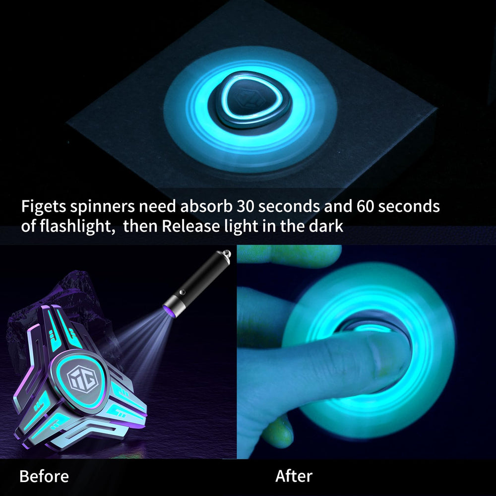 INNÔPLUS glow-in-the-dark fidget spinner glows after light exposure for night-time play.