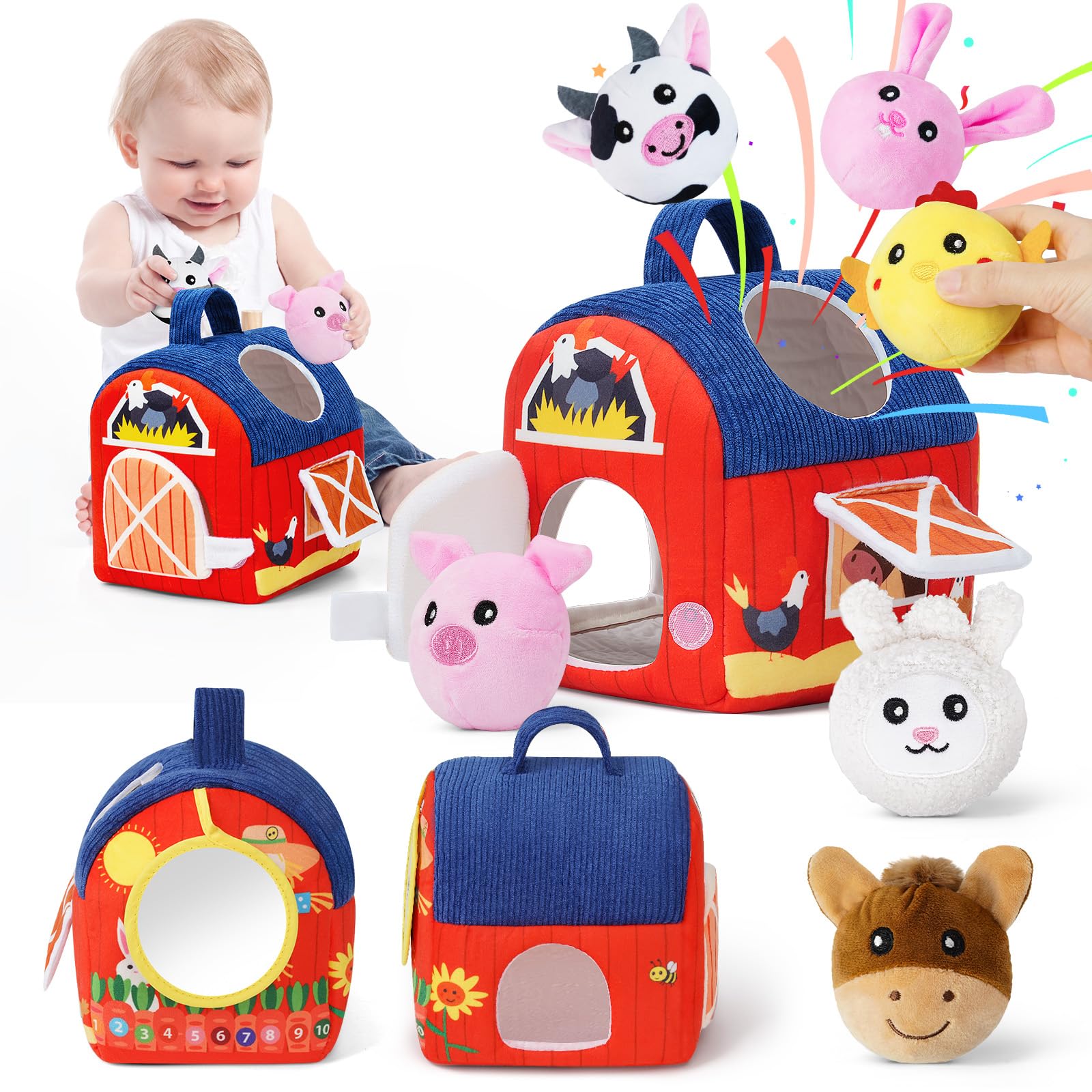 INNOSKY soft barn baby toys farm set with plush animals for tactile discovery and motor play.