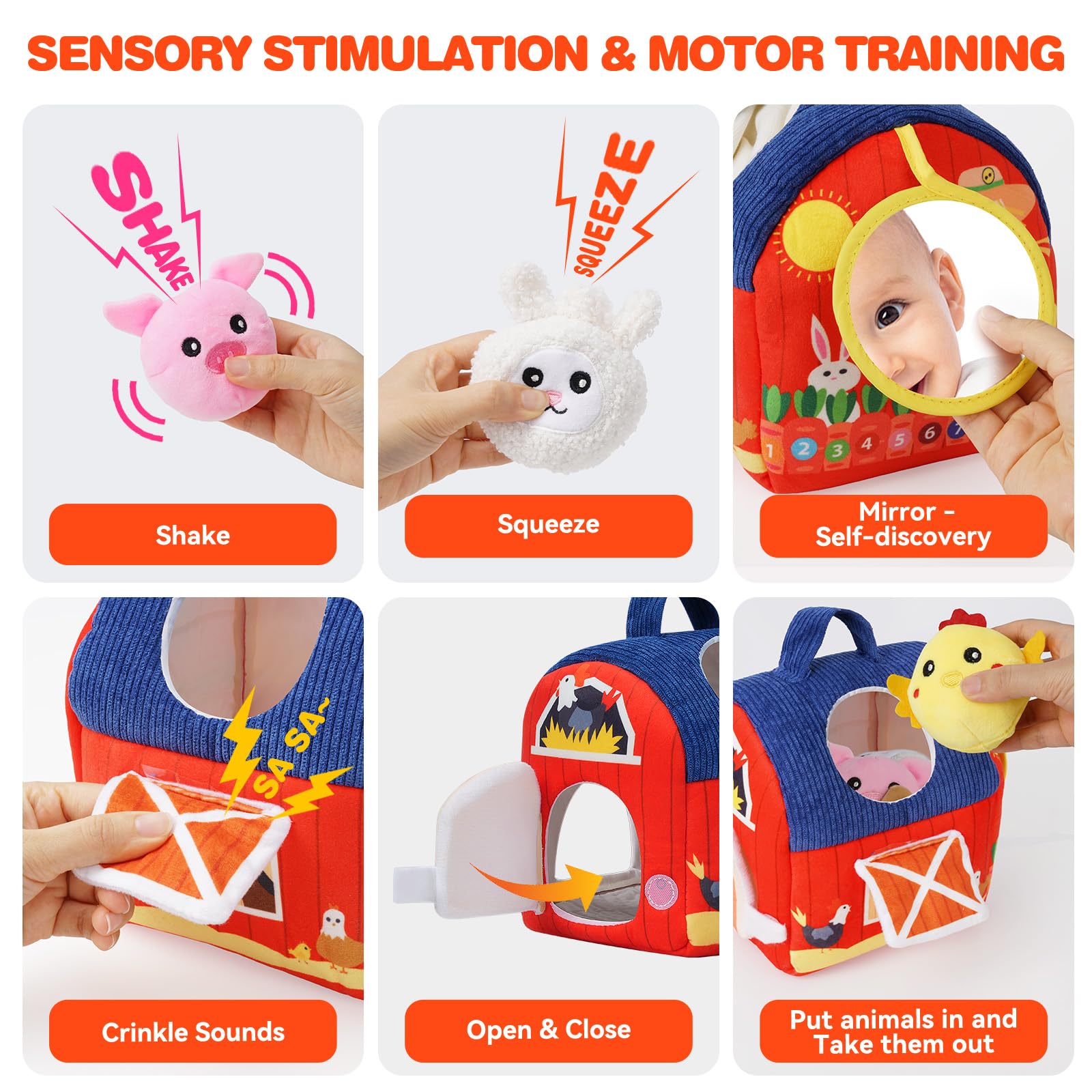 INNOSKY stuffed farm animals plush with rattle to stimulate auditory awareness during play.