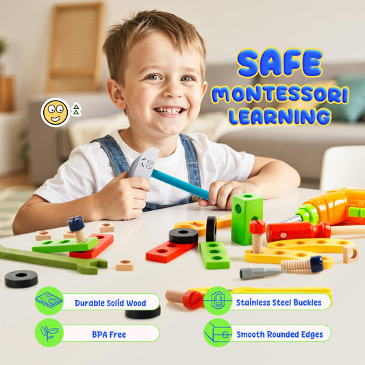 Innotoys wooden tools and screwdrivers promote safe, imaginative construction.
