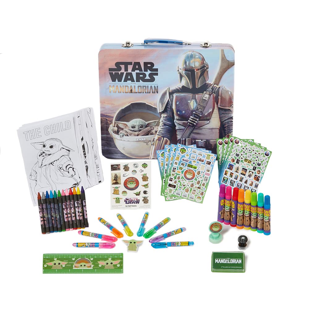 Innovative Designs Mandalorian deluxe activity set tin with Grogu and bounty hunter, ideal travel art storage.