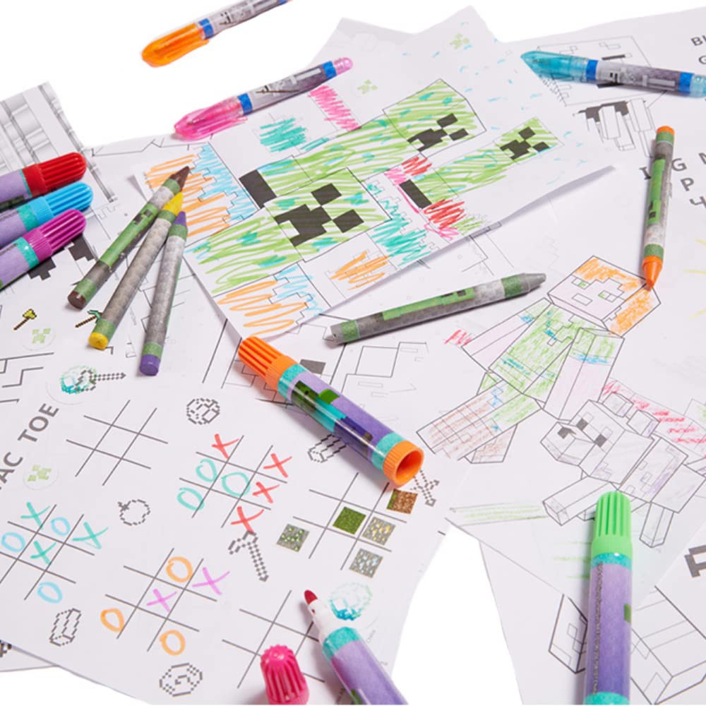 Innovative Designs Minecraft Deluxe Activity Set art supplies including crayons, markers, gel pens