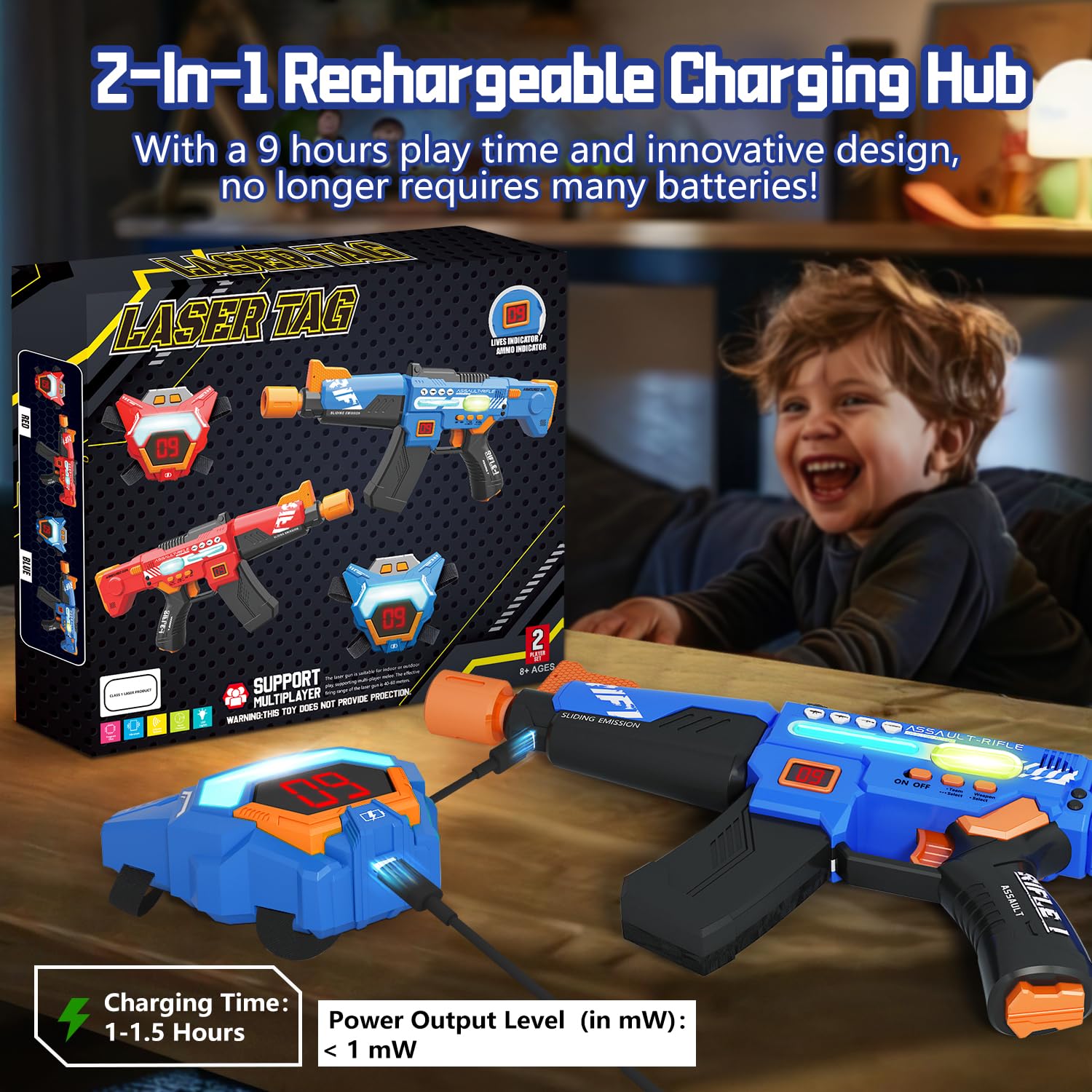 Inodoo laser tag guns 2-pack alongside USB charging cables for easy recharge.