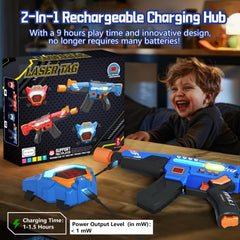 Inodoo laser tag guns 2-pack alongside USB charging cables for easy recharge.