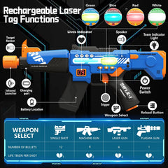 Inodoo laser tag guns 2-pack with LED vests showing weapon modes for kids.