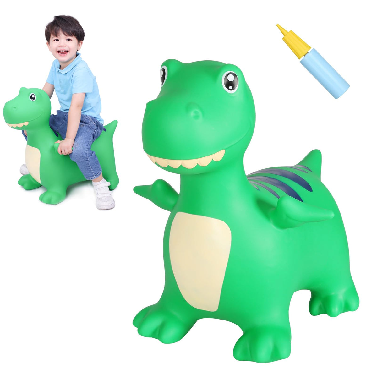 INPANY Bouncy Horse front view with friendly dinosaur design for toddler play