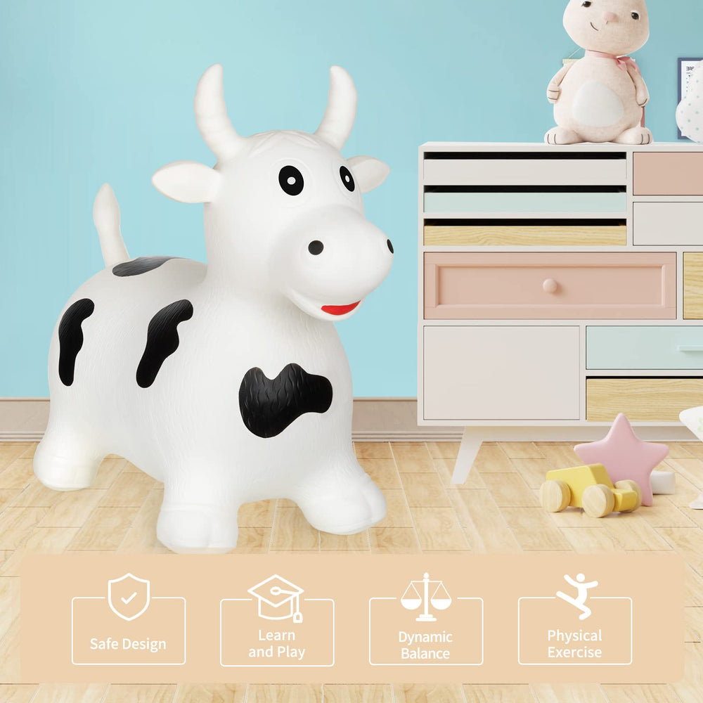INPANY cow hopper soft body closeup emphasizes gentle touch for toddlers.