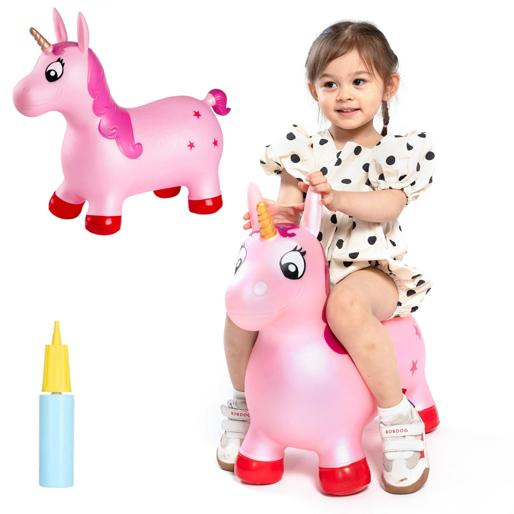 INPANY pink unicorn hopper front view; a playful ride-on that helps balance and coordination.