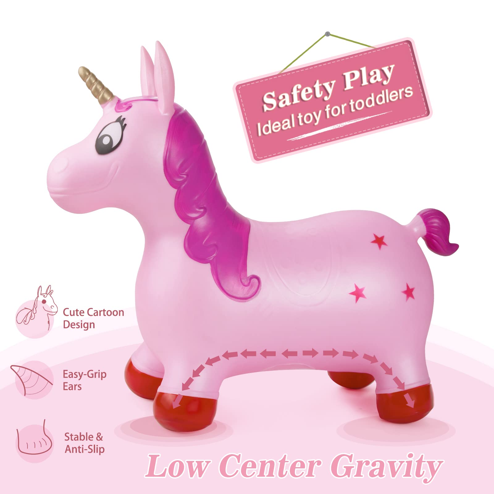 INPANY unicorn hopper side view; soft, kid-friendly design for safe indoor play.