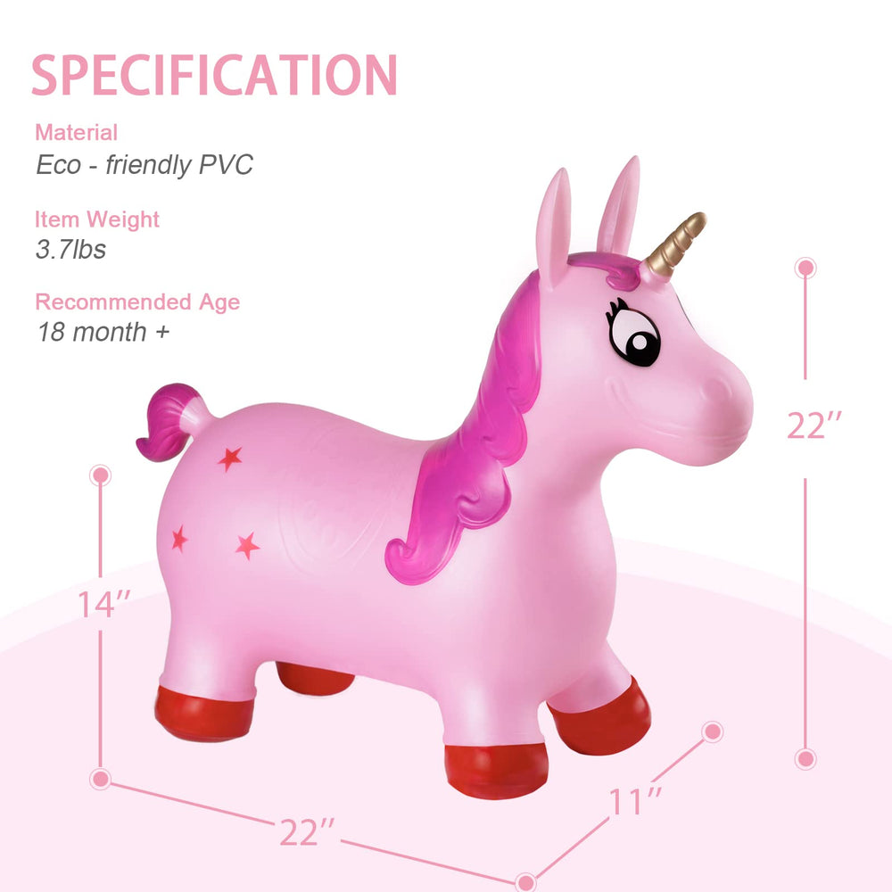 INPANY pink unicorn hopper inflatable body; durable material for long-lasting fun.