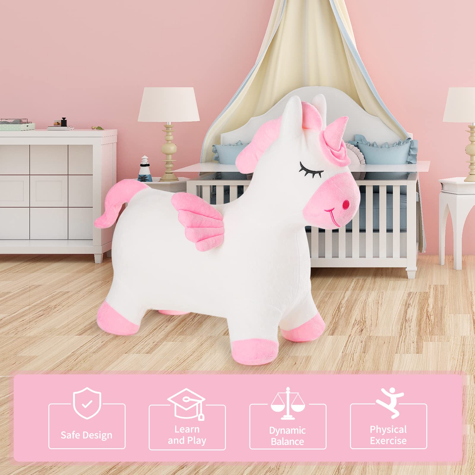 INPANY Unicorn Bouncy Horse durable plush cover protects kids during hugs.