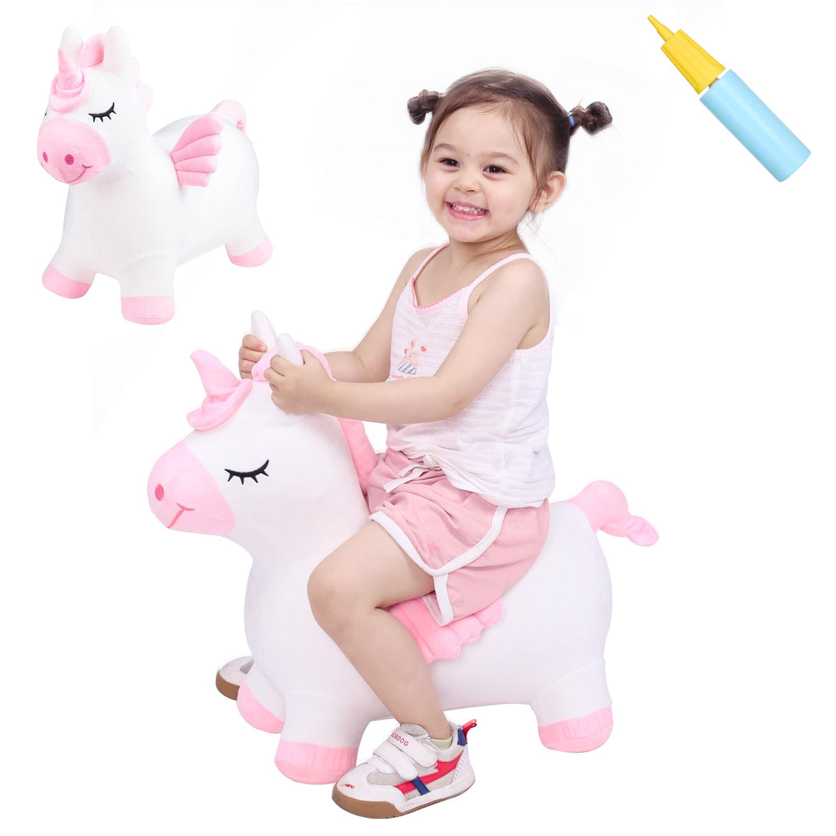 INPANY Unicorn Bouncy Horse front view, soft plush for cozy play sessions.
