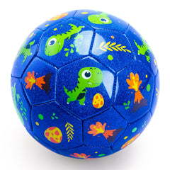 INPODAK Dinosaur Soccer Ball Size 3 with blue glitter viewed from the front for outdoor play.