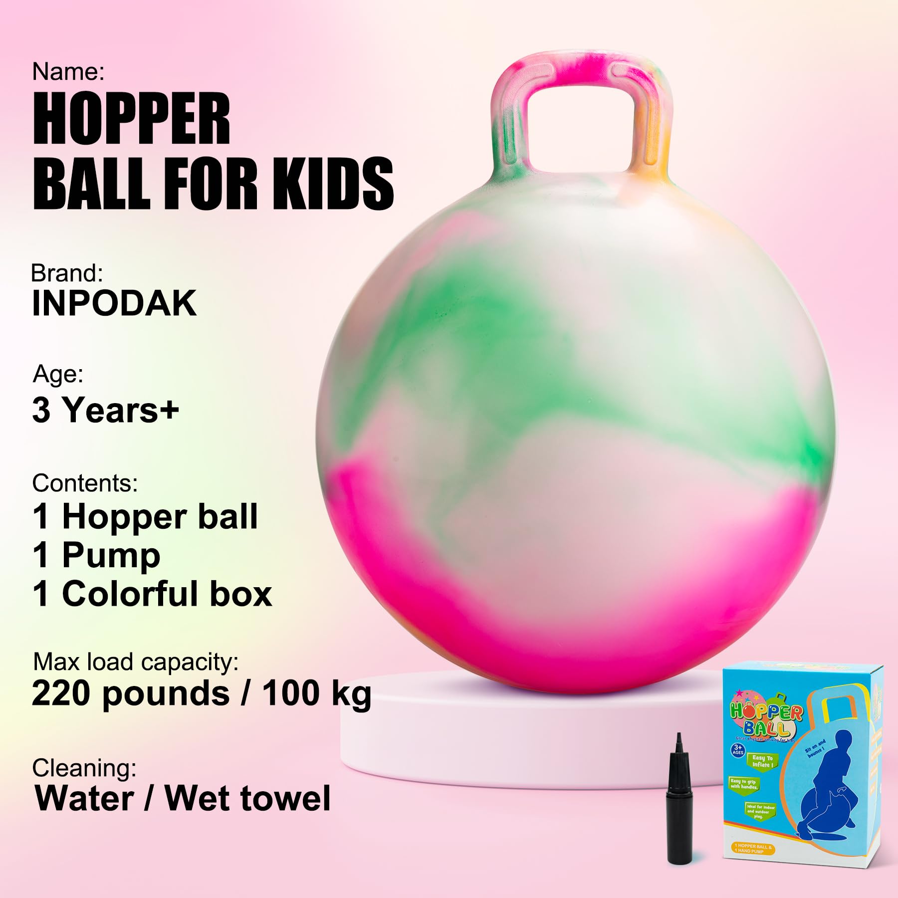 INPODAK hopper ball inflates quickly with included hand pump.