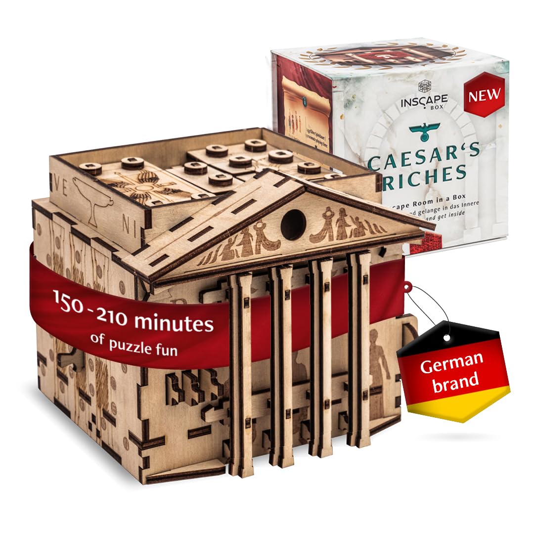INSCAPE Caesar's Riches Puzzle Box front view showing handcrafted wood design for immersive puzzle play