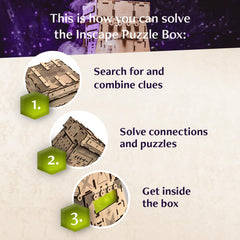 INSCAPE Cosmic Artifact Puzzle Box 3D wooden design highlights detailed mechanics and durable construction.