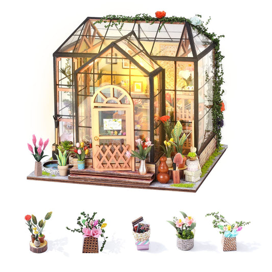 Insgen DIY miniature dollhouse greenhouse shows a charming display on a shelf
