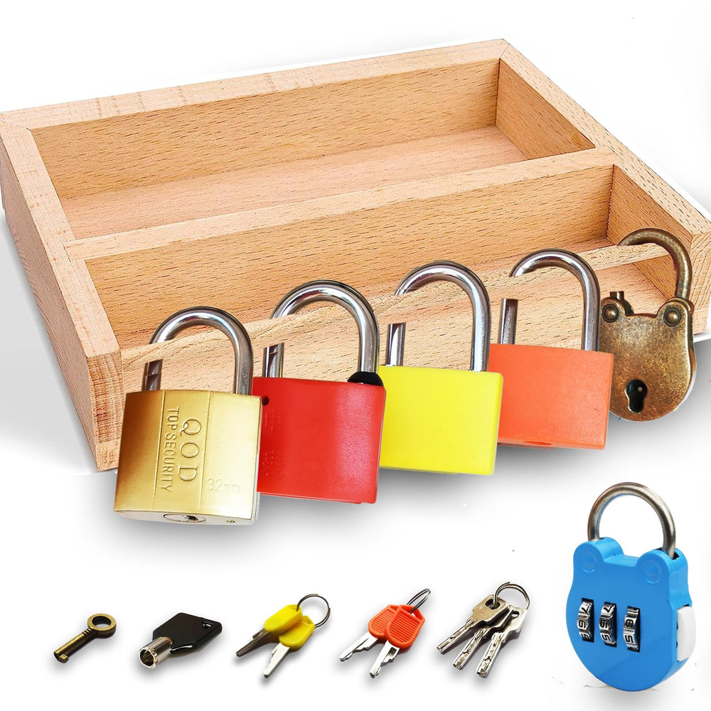 Inslat Montessori lock and key set on wooden tray close-up, encouraging fine motor exploration.