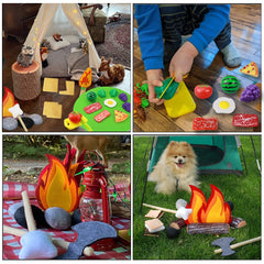 Inslat pretend campfire playset cut fruits for hands-on cooking and imaginative meals.