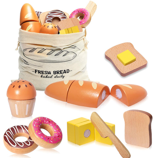Inslat wooden bakery playset contents for imaginative play and social interaction.