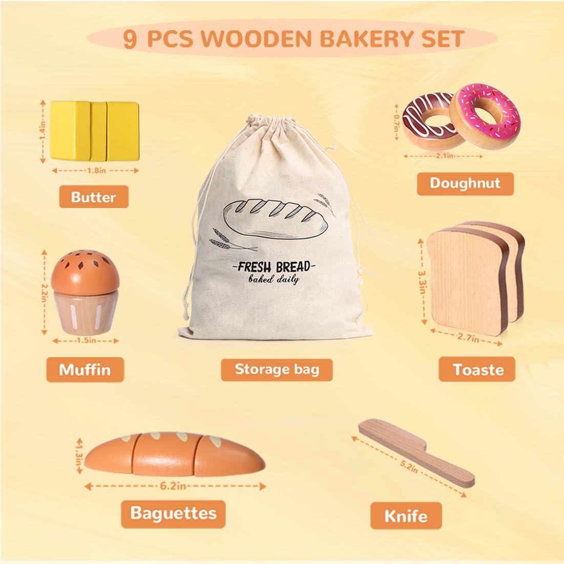 Inslat wooden bread baguettes and doughnut for pretend cooking and motor skills.