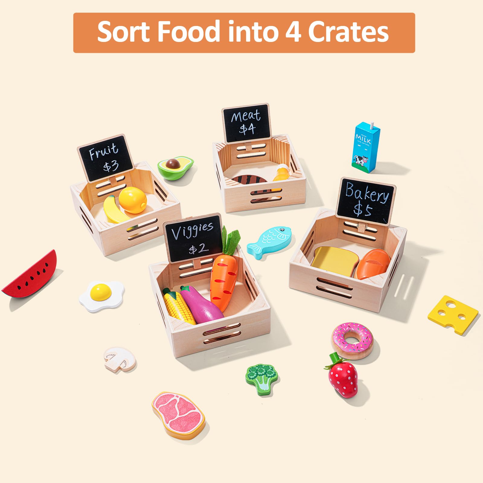Inslat four wooden crates enable organized sorting during pretend play