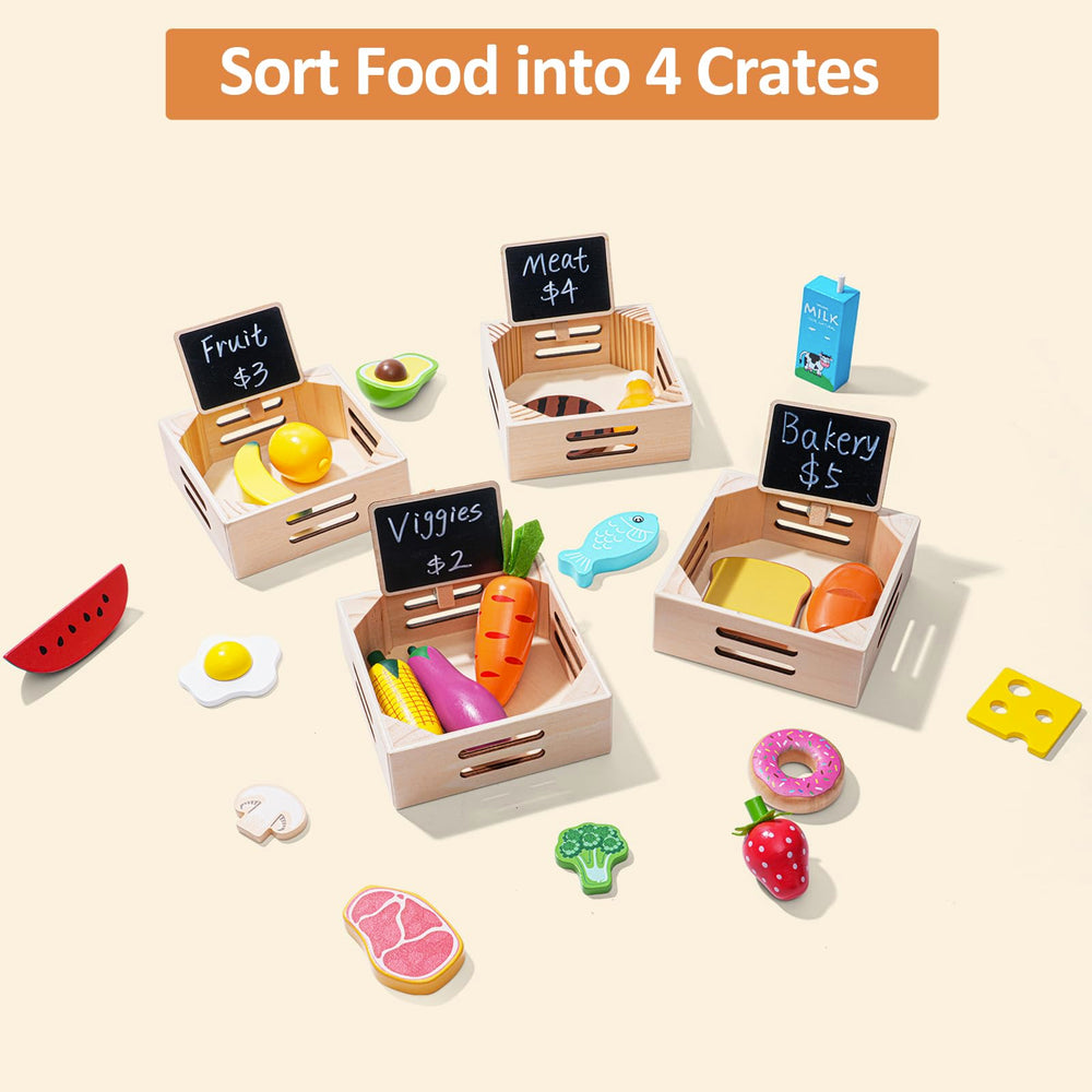 Inslat four wooden crates enable organized sorting during pretend play