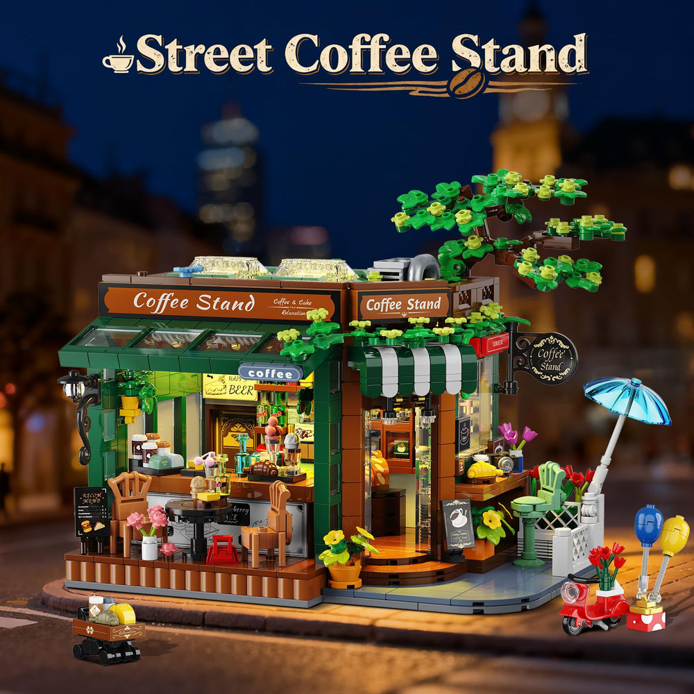 Snack cart and scooter enhance the lively street vibe.