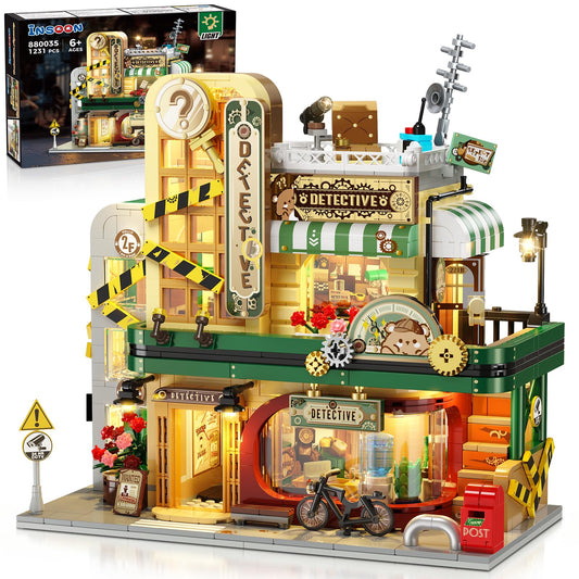 INSOON Detective Agency Building Set front view with LED lighting for dramatic display