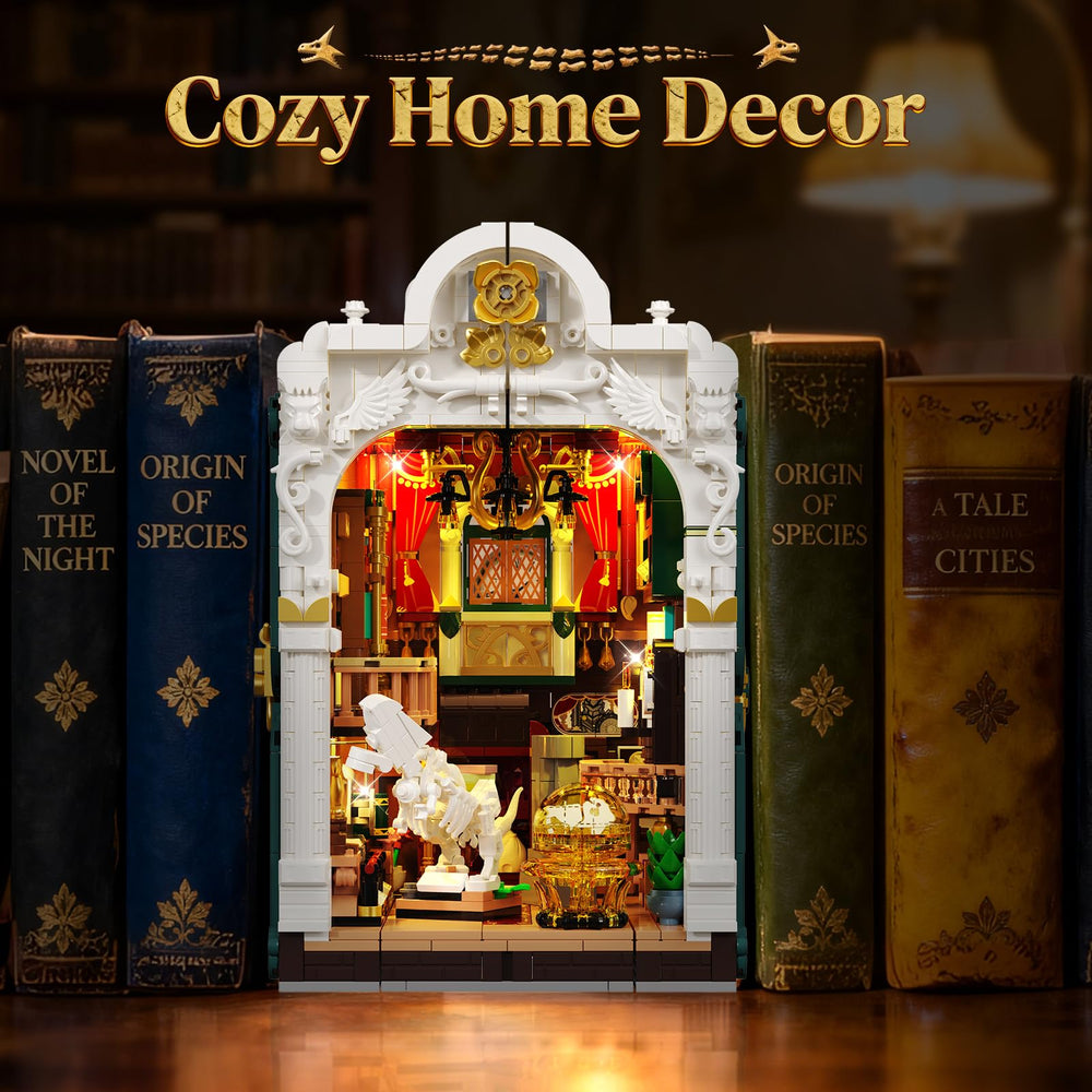 INSOON Dinosaur Museum Book Nook glowing lights create a magical night-time ambiance