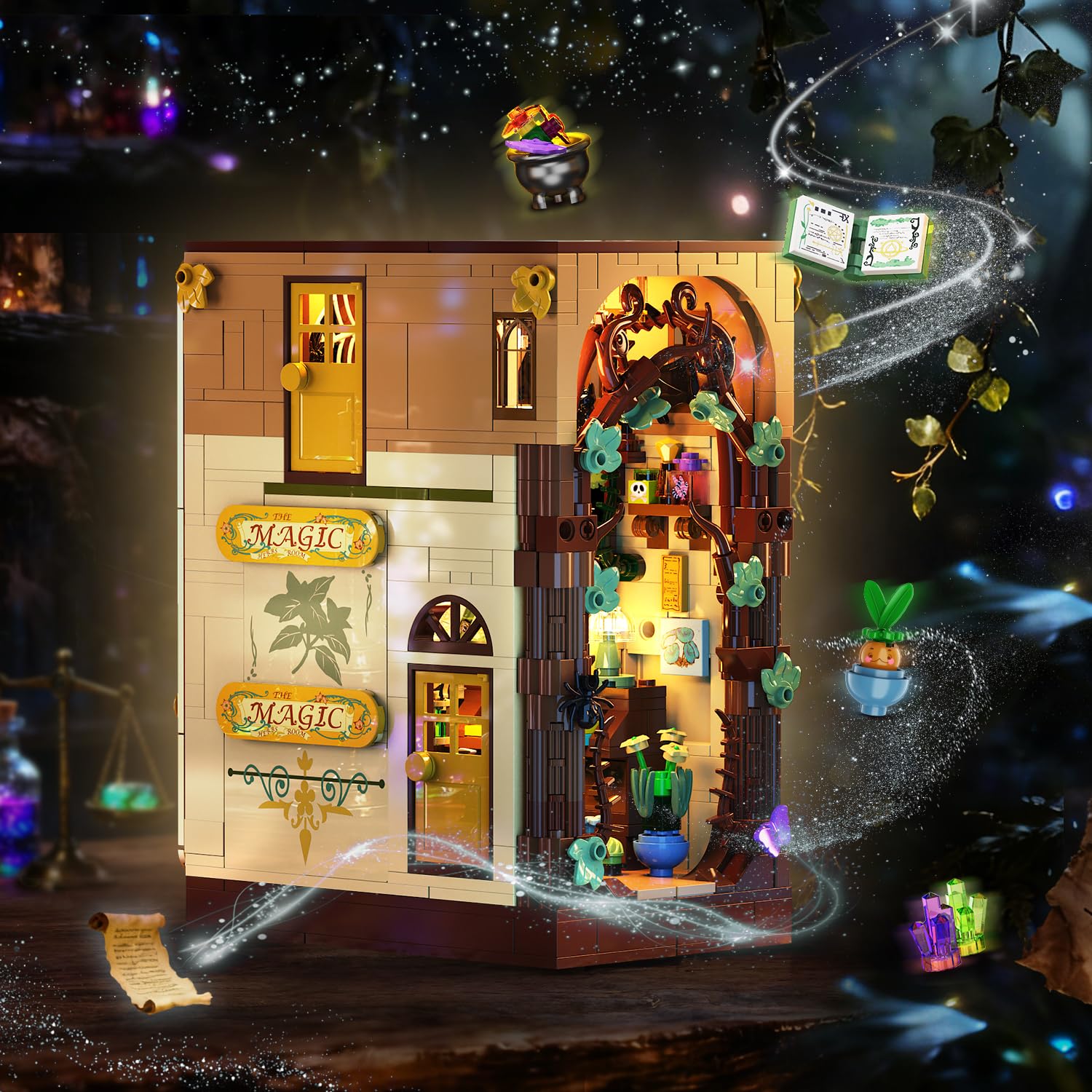 INSOON Magic Herb Booknook warm lighting highlights features at night.