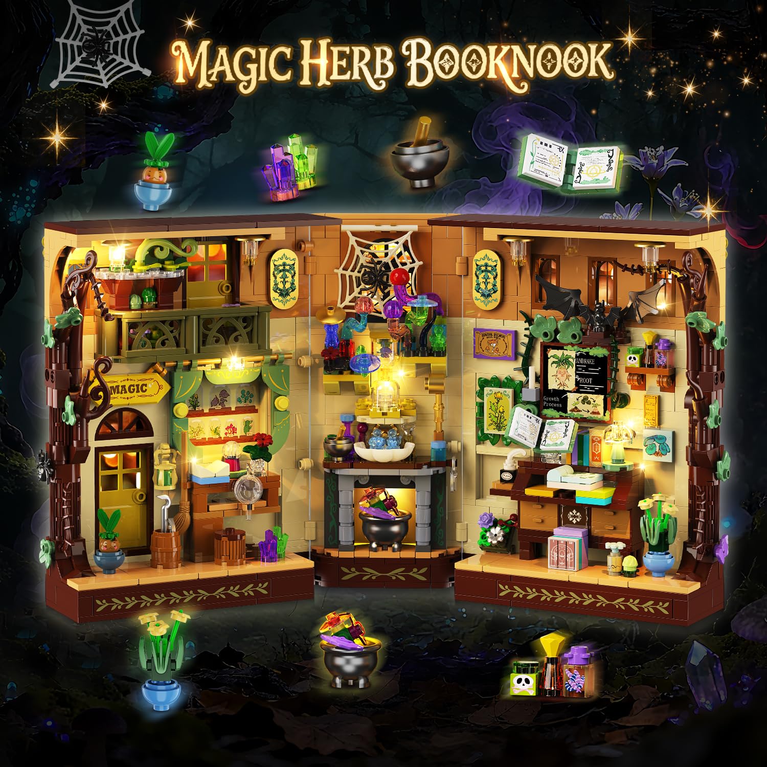INSOON Magic Herb Booknook shelves showing a lush herb collection detail.