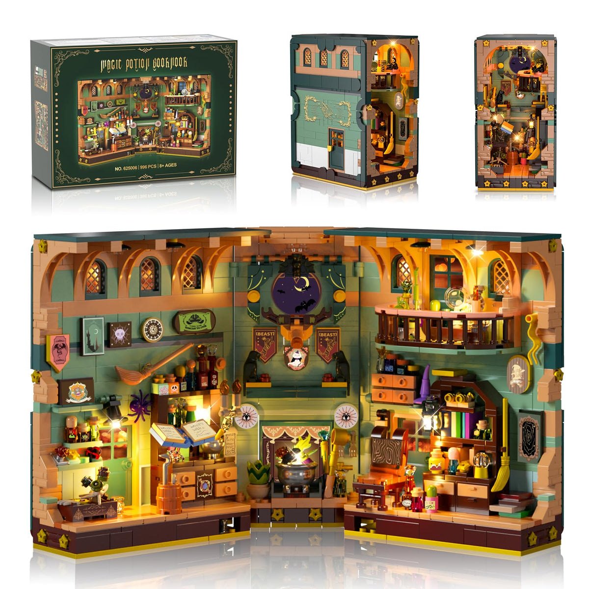 INSOON Magic Potion Book Nook open 180-degree view reveals potion lab for imaginative display.