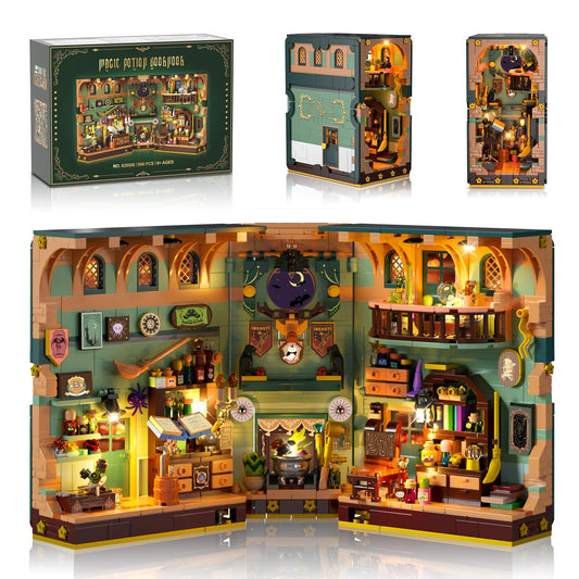 INSOON Magic Potion Book Nook open 180-degree view reveals potion lab for imaginative display.