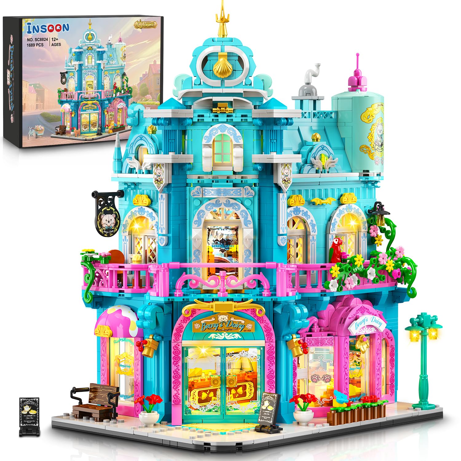 INSOON Castle Dairy Bakery with Light glows on display, ideal for desk decor