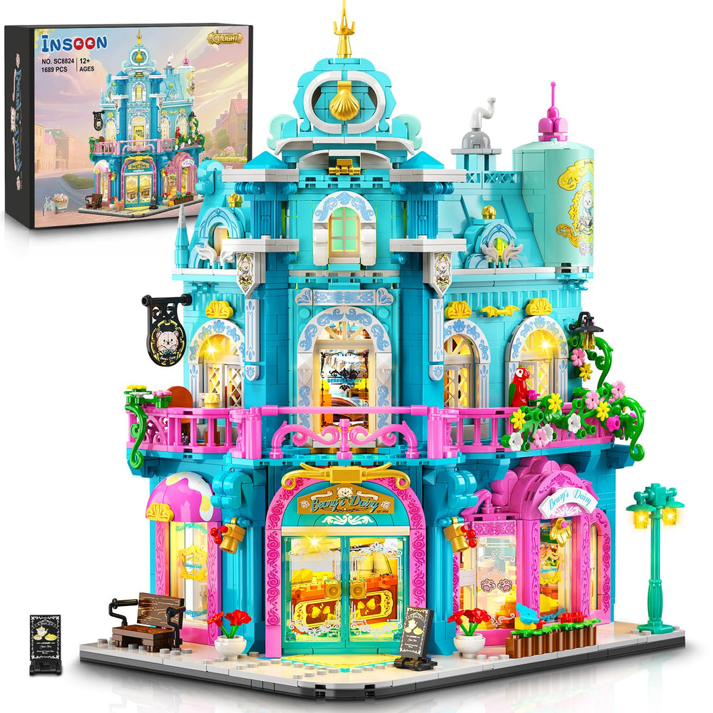 INSOON Castle Dairy Bakery with Light glows on display, ideal for desk decor