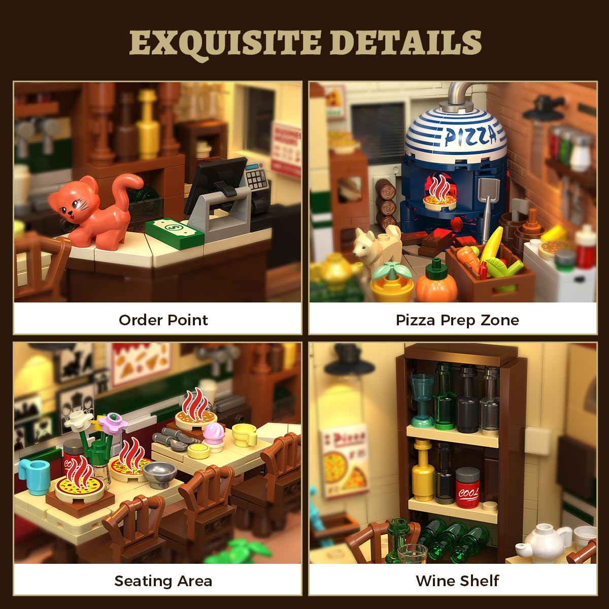INSOON City Street Pizza Building Set dining area with pizza and flowers creates cozy restaurant ambiance