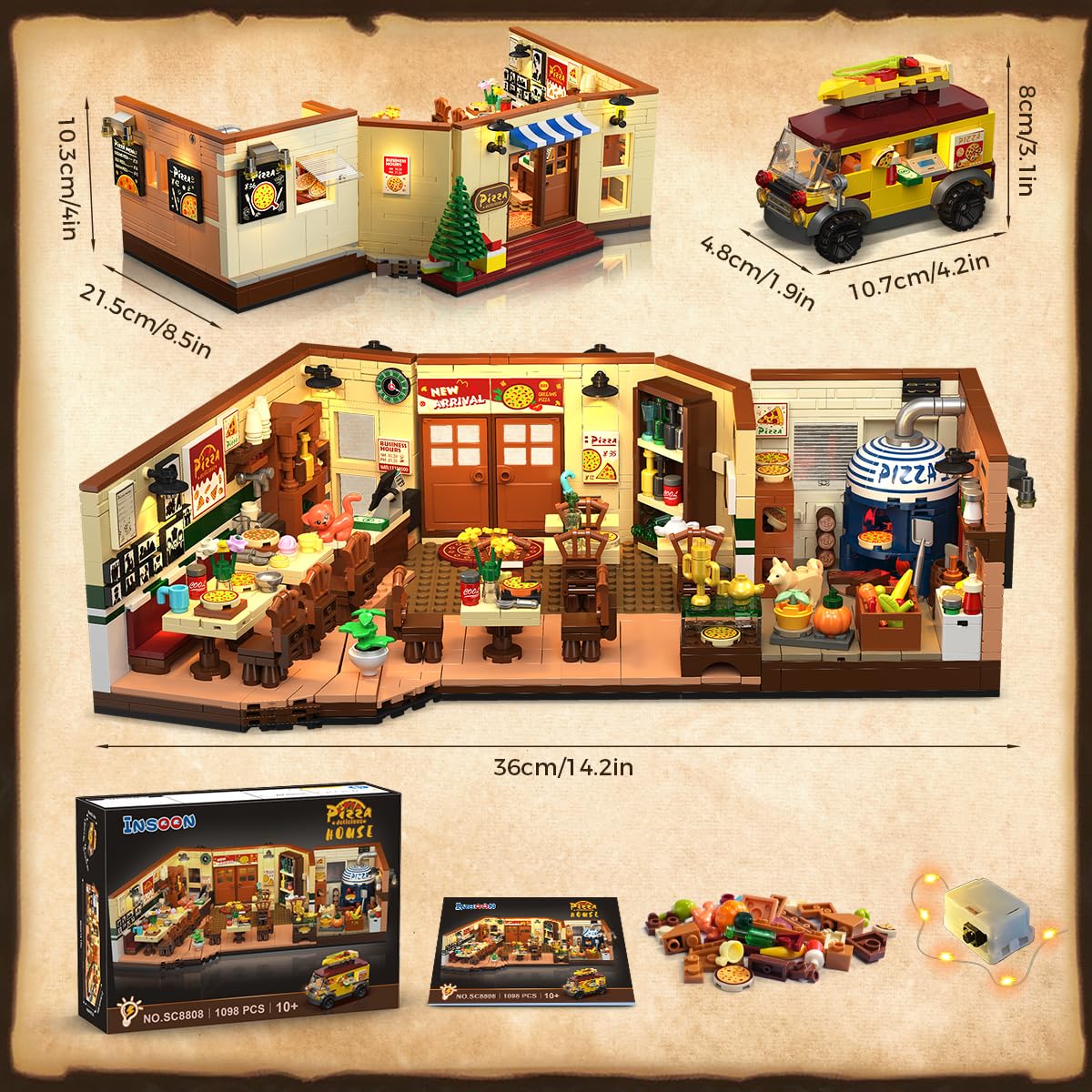 INSOON City Street Pizza Building Set wine shelf and decor add charming details