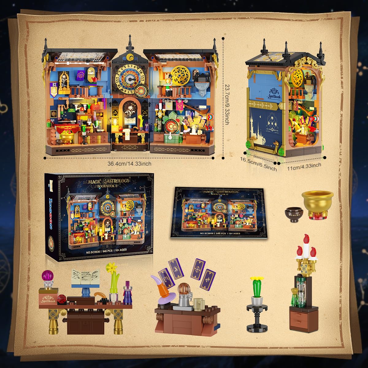 INSOON Magic Astrology Booknook build process highlights a satisfying 946-piece kit.