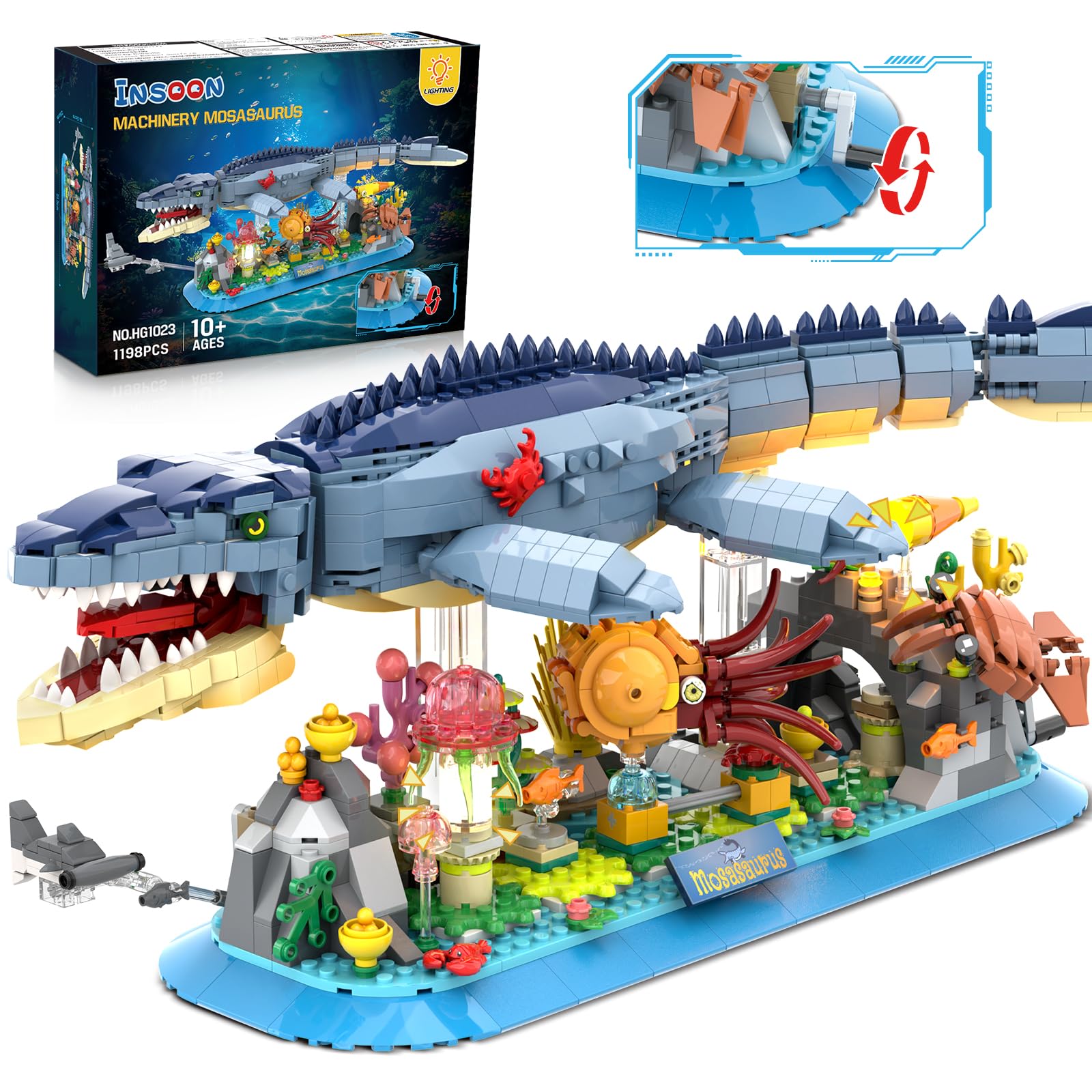 INSOON Mosasaurus building set with LED light brightens a dramatic display and play scene