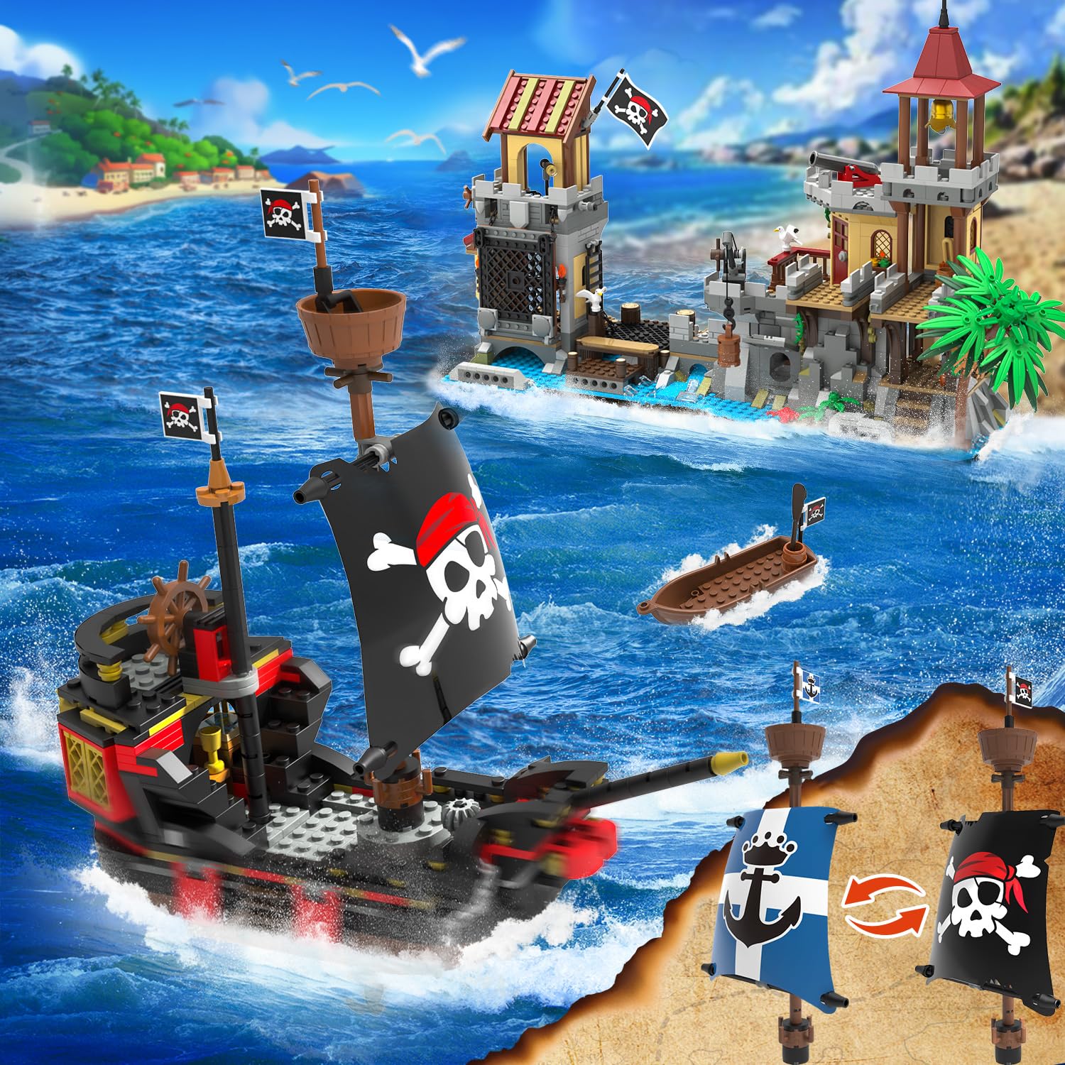 INSOON pirate castle rotating crane adds kinetic charm to your build.