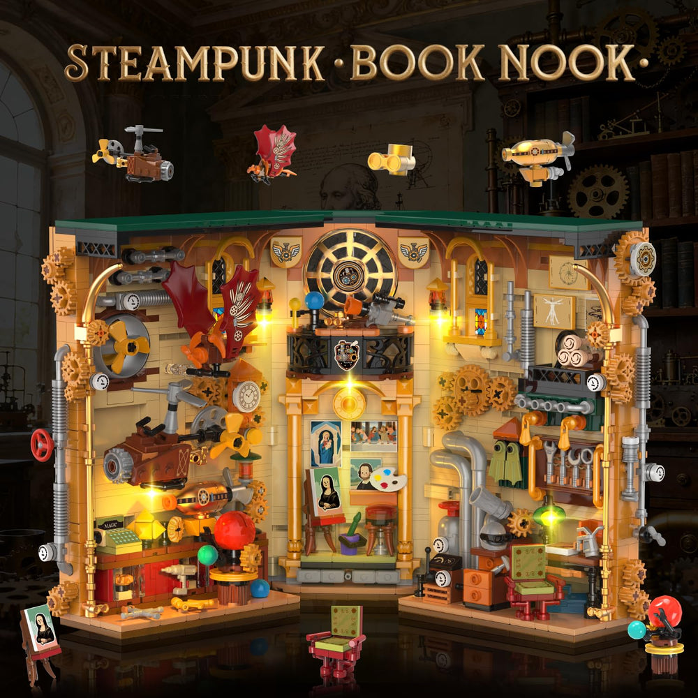 INSOON Stempunk Book Nook warm glow highlights airship details