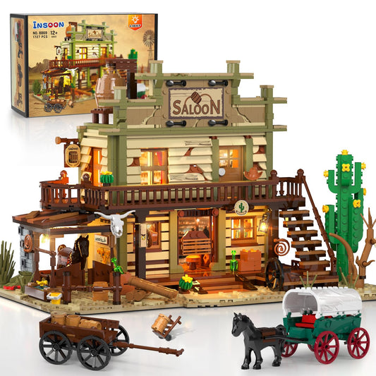 INSOON Western Saloon Building Set with LED lights enhances display appeal.